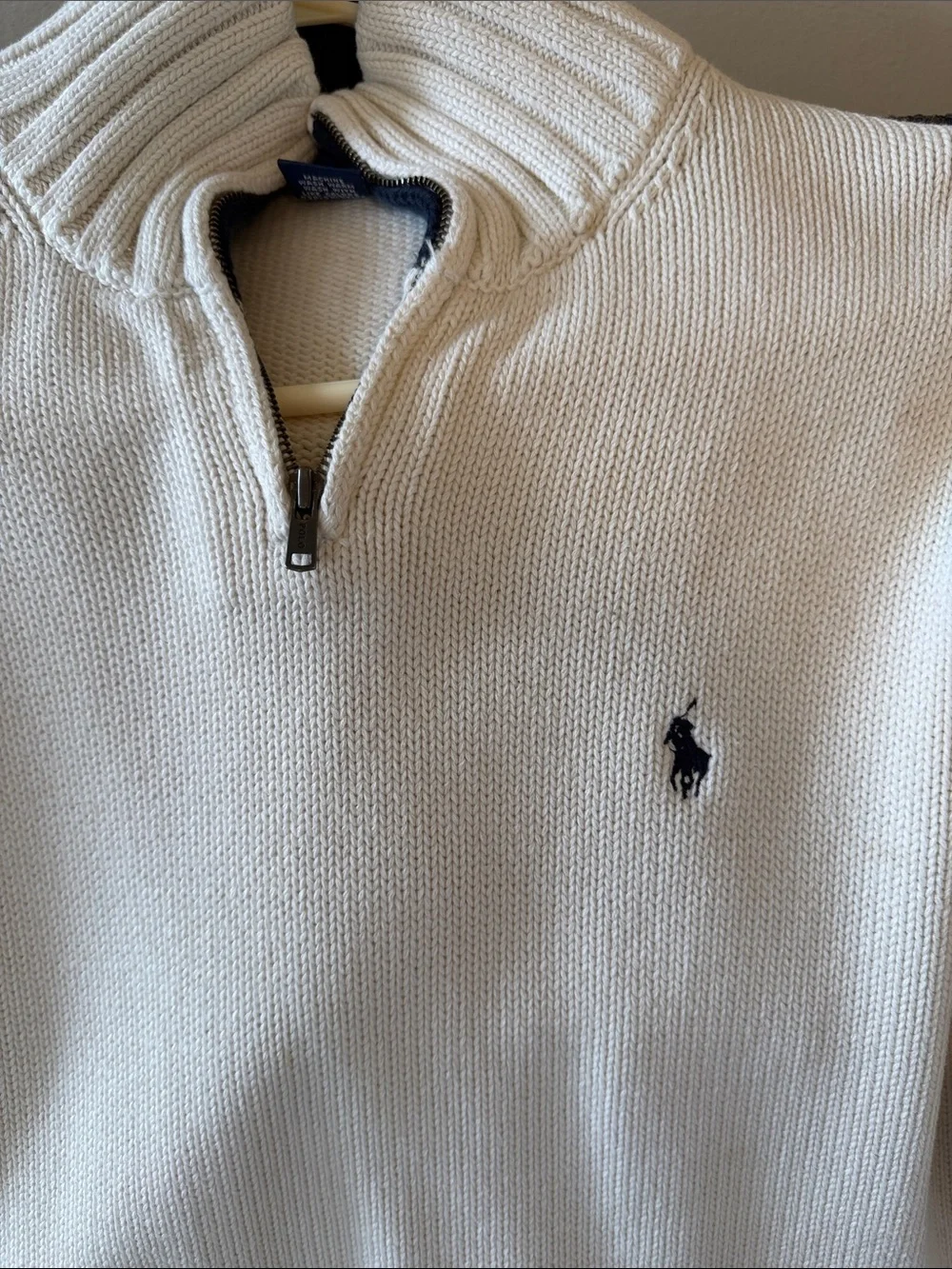 Polo by Ralph Lauren Cream 1/4 zip, 100% Cotton Sweater with Navy Logo size M